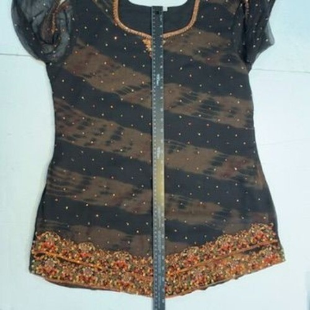 Vtg Beaded Sequined Sheer‎ Tunic Top XL Black Split Tie Sleeves Dark Whimsygoth - Picture 14 of 15